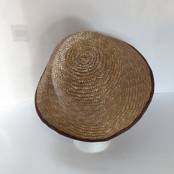 Vintage Liz Claiborne Straw Hat, High Low Brown Fabric Trim Sun Beach - Picture 9 of 9